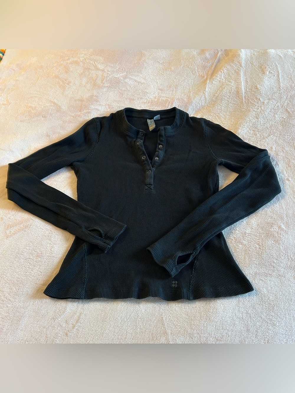 Sweaty Betty black ribbed long sleeve Henley size S athleisure lounge casual